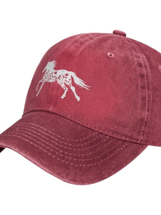 Women\'s Floral and Horse Hat Adjustable Washed Vintage Baseball Cap Red
